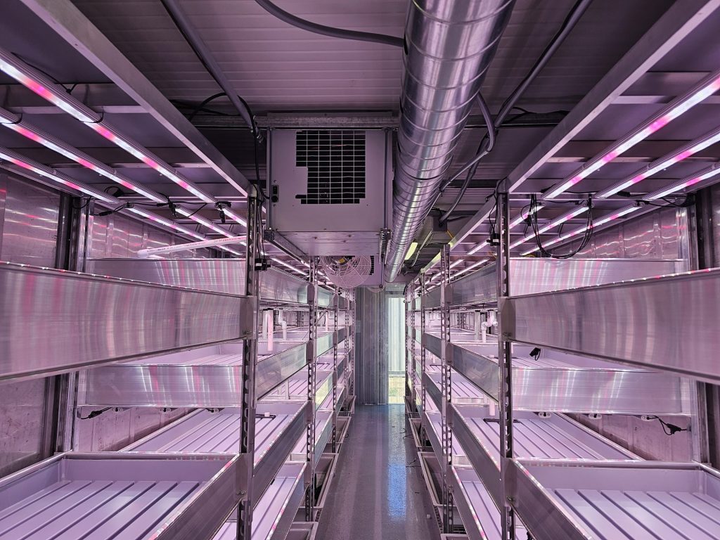 Inside of container farms with empty grow racks