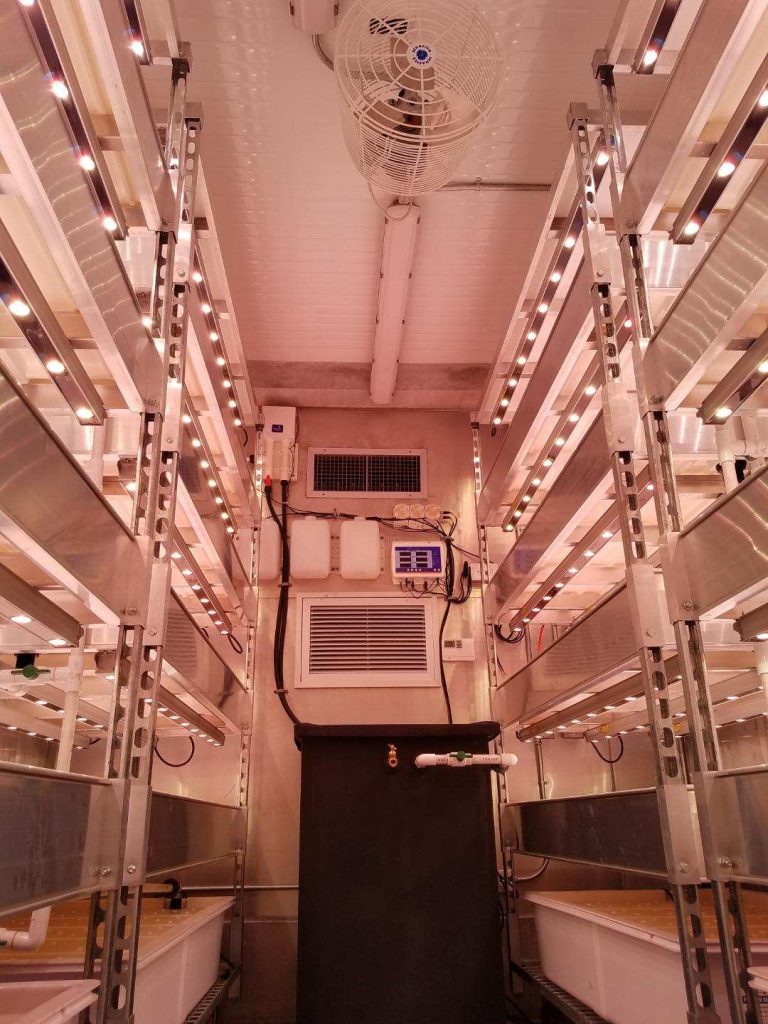 inside of lit custom container farms